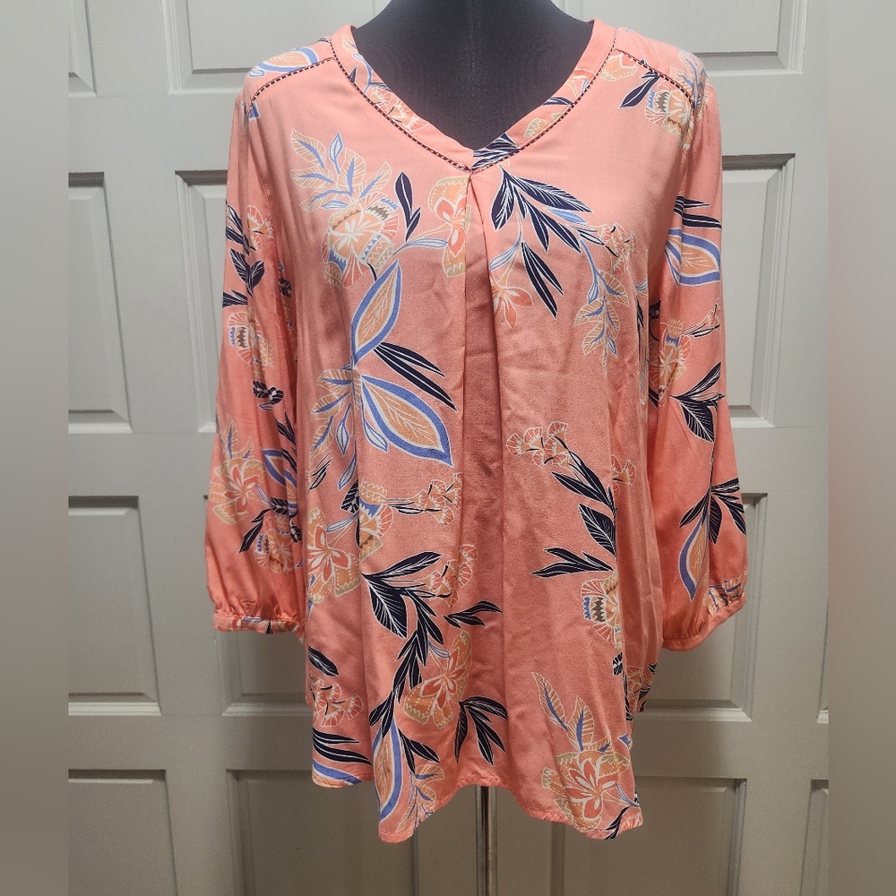 St. John's Bay Long Sleeve Tropical Floral Tunic/Boho Pullover Blouse Women's L